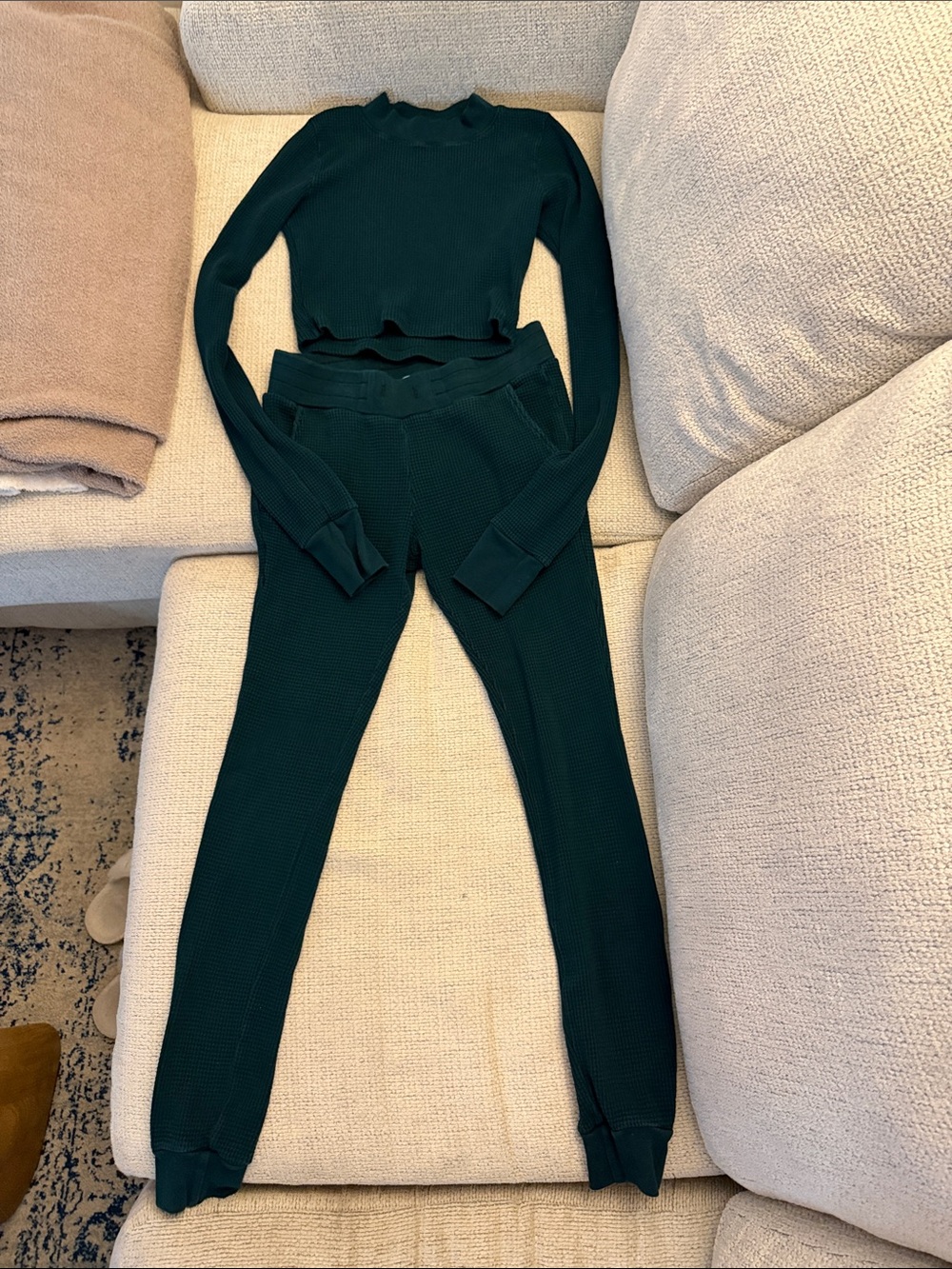 Cotton Citizen Women's Waffle Knit Lounge Set -Green Long Sleeve Top & Pants